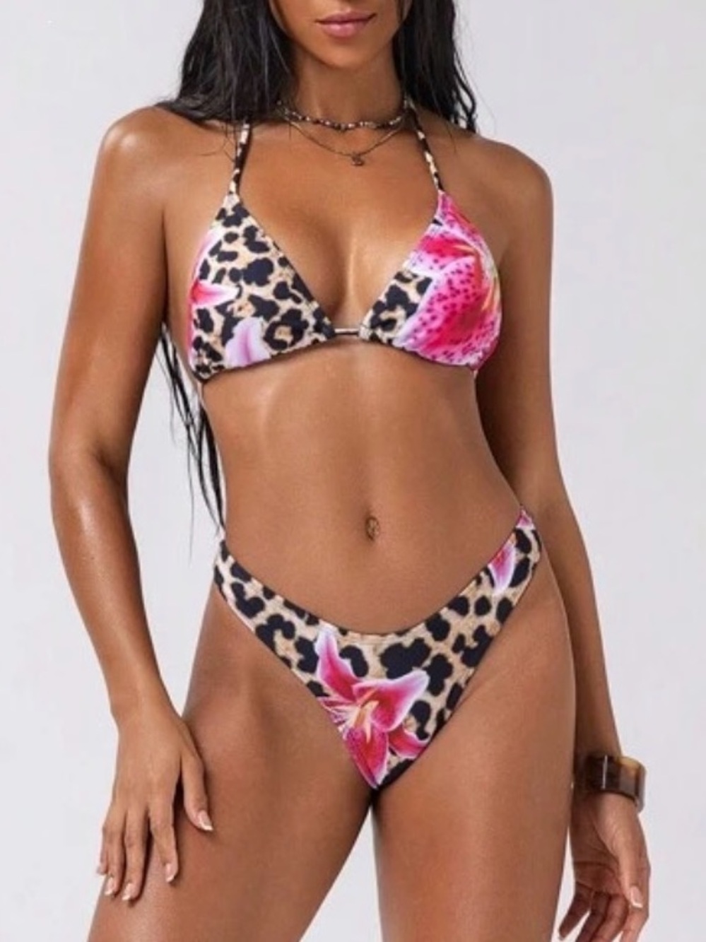 Women’s Pink Leopard Floral Triangle Bikini Set